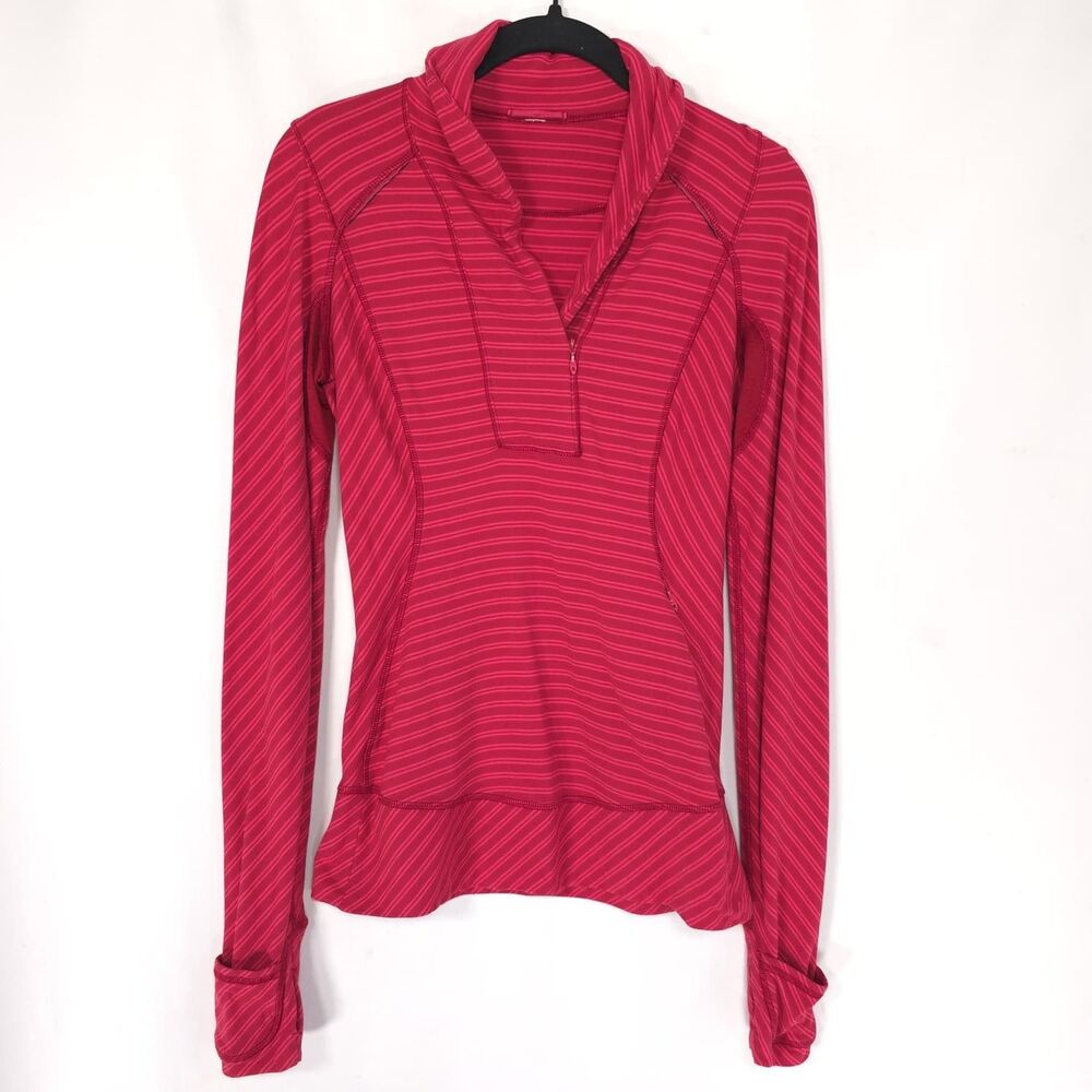 LULULEMON Womens Top Active Stripe 1/4 Zip Red Pink US 4 Thumbhole Long Sleeve
